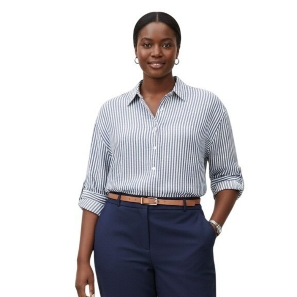 Max Studio Womens Striped Button Down Top XL Blue White Work Office Lightweight